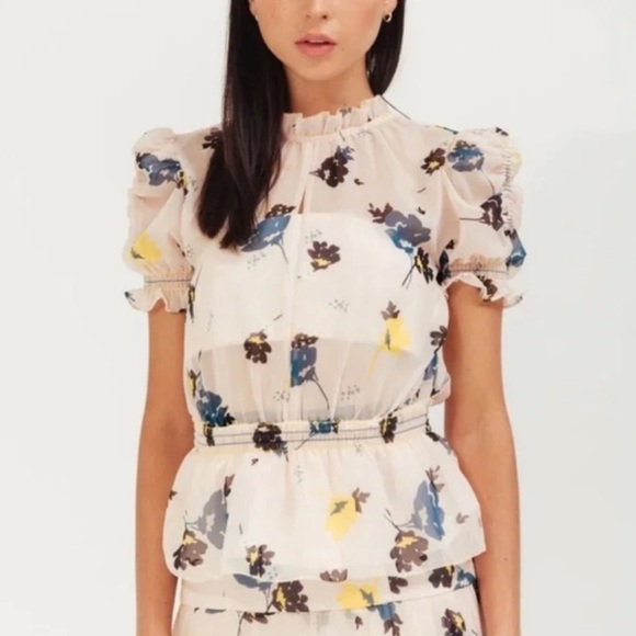Self-Portrait Tops - Self-Portrait Puff-Sleeve Floral-Print Peplum Blouse